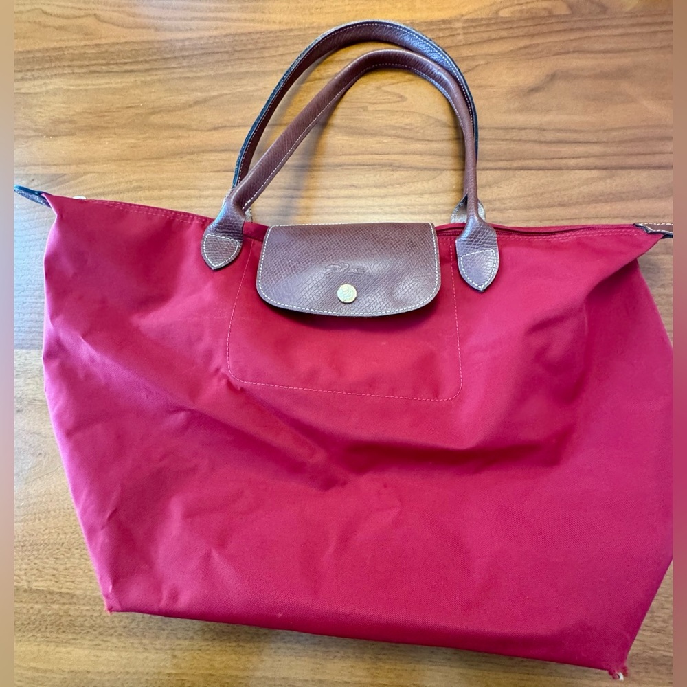 Longchamp Red Nylon Tote with Brown Leather Trim